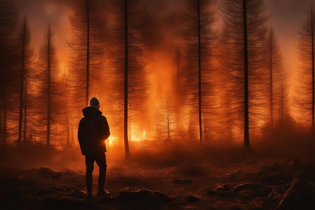 Les pyromanes mettent le feu à la forêt au coucher du soleil. La fumée et le feu deviennent plus grands et plus hauts.