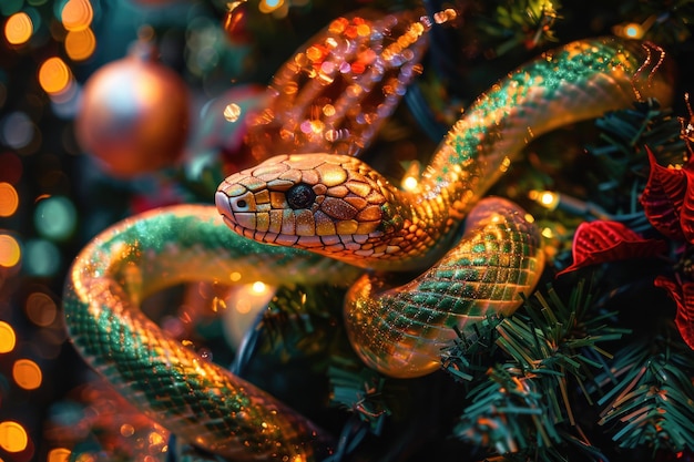 Le python entrelacé dans des décorations festives d'arbres de Noël avec des lumières chaudes et lumineuses