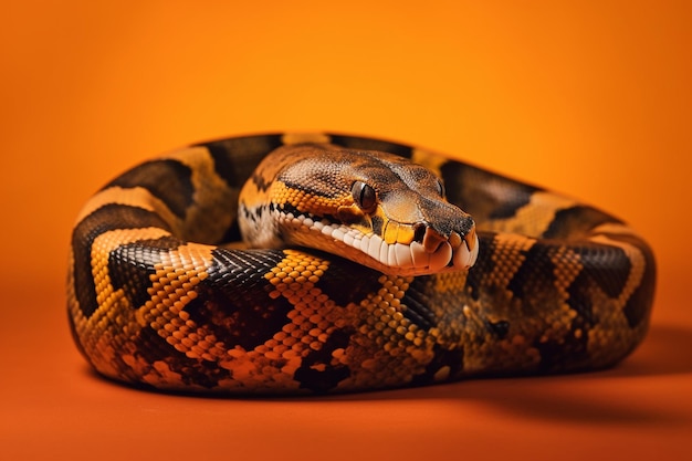 Un python recroquevillé sur un fond orange