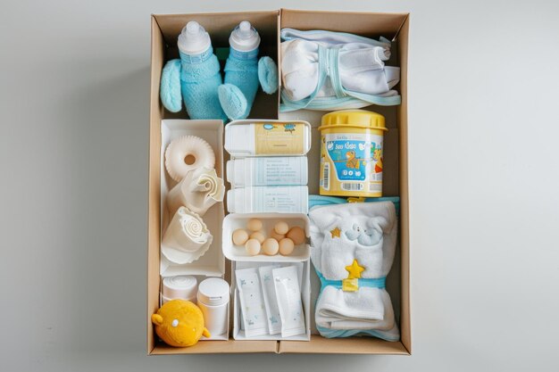 Photo ce qu'il y a à l'intérieur d'une boîte de produits pour bébés sur fond blanc