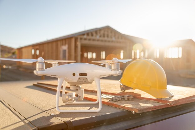 Un quadcopter sans pilote à côté d'un casque sur un chantier