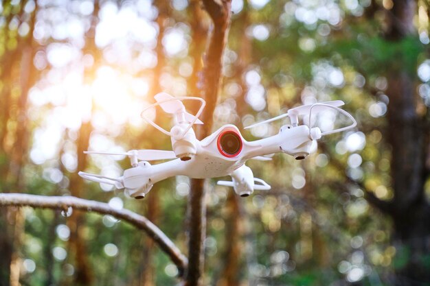 Quadcopter volant en forêt sur fond de soleil éclatant