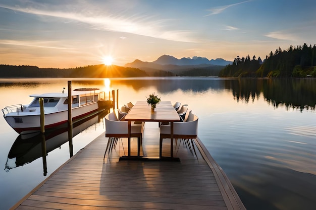 Un quai avec un bateau sur l'eau au coucher du soleil.