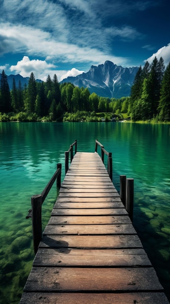 Photo un quai en bois au milieu d'un lac