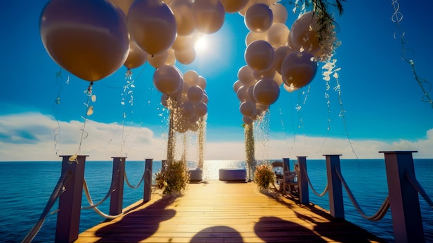 Quai en bois avec des ballons blancs et de la verdure au bout de celui-ci Generative AI