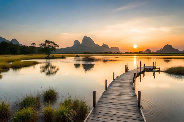 Un quai en bois avec un coucher de soleil en arrière-plan