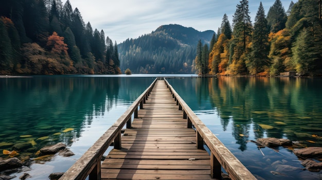 Un quai en bois dans les montagnes avec un lac en arrière-plan