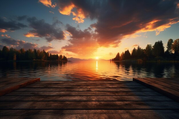 Photo un quai en bois avec un fond de coucher de soleil sur le lac