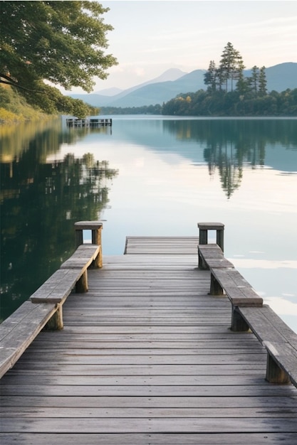 Un quai en bois avec un lac en arrière-plan