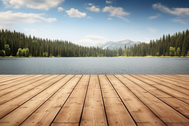 Photo un quai en bois avec un lac et des montagnes en arrière-plan