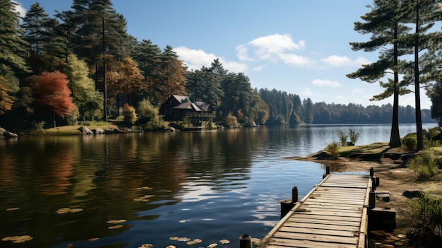 Un quai en bois avec une maison sur le rivage