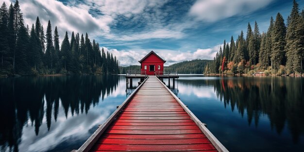 Un quai en bois menant à un bâtiment rouge sur un lac