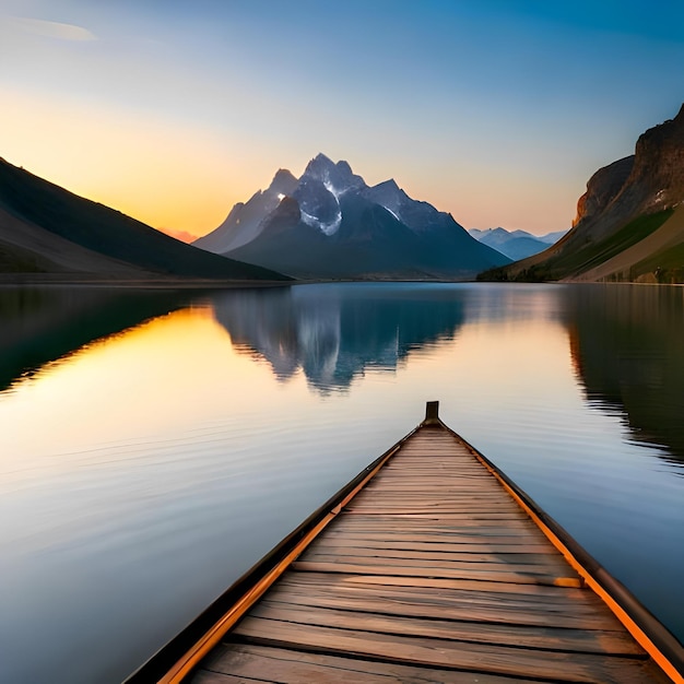 Un quai en bois avec une montagne en arrière-plan