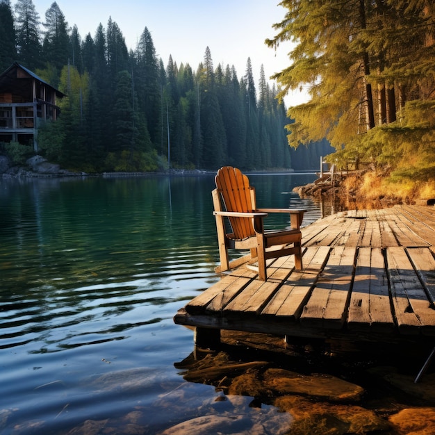 Un quai en bois s'étendant sur un lac calme avec une chaise en bois Adirondack à l'extrémité du quai et une cabane dans les arbres sur la rive opposée