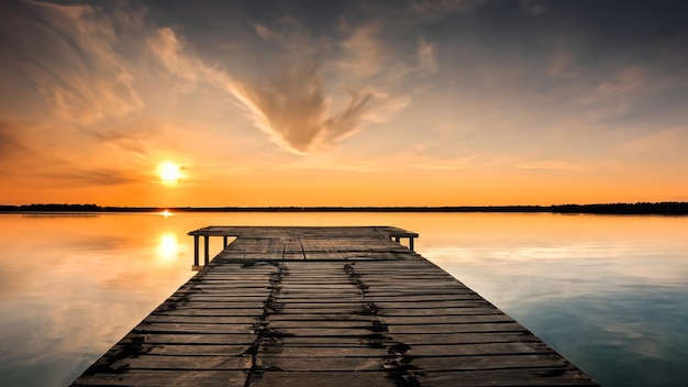un quai en bois vide dans un lac pendant un coucher de soleil à couper le souffle