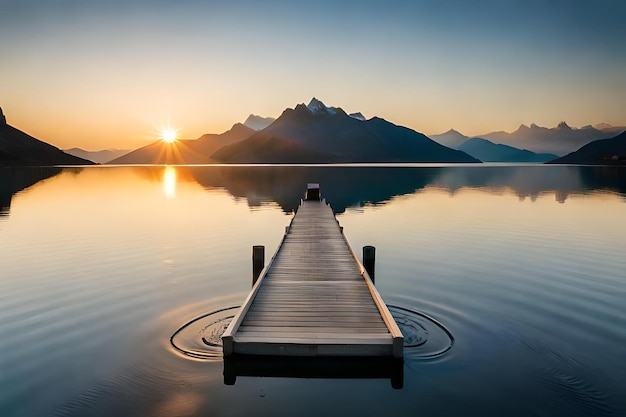 Un quai avec un coucher de soleil en arrière-plan