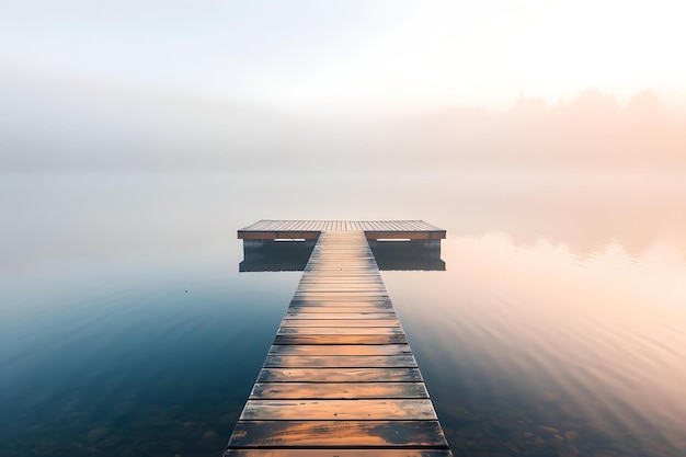 Le quai du lac serein au lever du soleil entouré de brume parfait pour la relaxation Concept Oasis du matin brumeux Retraite du lever du soleil serein Quai du lac tranquille Refuge de relaxation entouré d'une brume