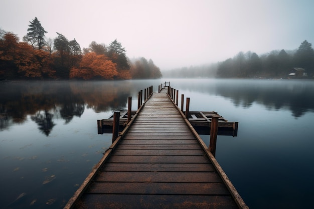 Un quai sur un lac avec un fond brumeux