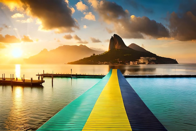 Un quai avec une passerelle à rayures bleues et jaunes menant à un plan d'eau avec une montagne en arrière-plan.