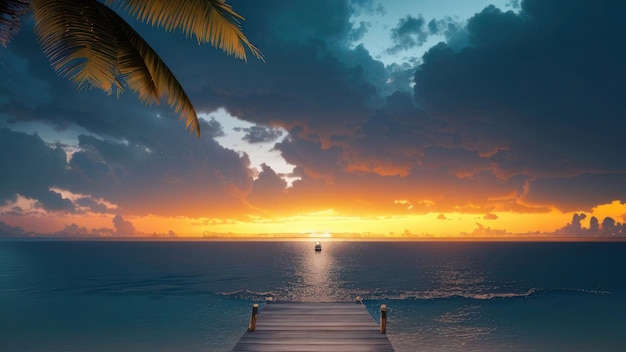 Un quai sur une plage tropicale avec un coucher de soleil en arrière-plan.