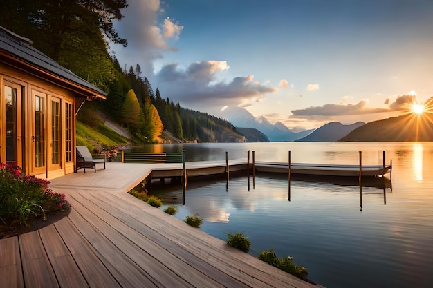 un quai avec vue sur un lac de montagne et des montagnes en arrière-plan