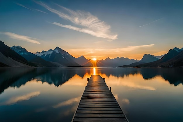 Un quai avec vue sur les montagnes et un lac avec un quai au premier plan.