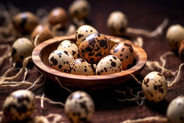 Photo quail eggs in a wooden bowl ai generated
