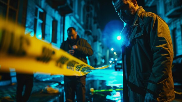 Photo quand un lieutenant arrive sur la scène du crime, il traverse le ruban jaune, écoute le briefing de l'officier, examine le sac à cadavres et recueille des preuves.