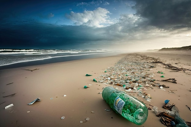 Quantité stupéfiante de déchets de bouteilles en plastique échoués sur la plage