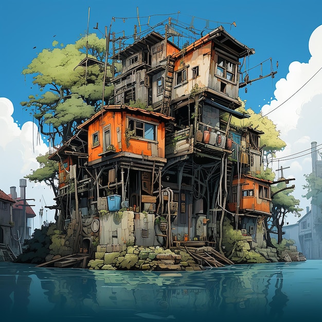 un quartier animé de petites maisons aux couleurs vives sur une plate-forme au milieu de l'eau vaste