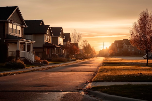 Un quartier avec un coucher de soleil en arrière-plan