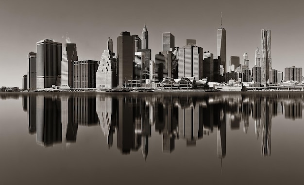 Quartier financier de Manhattan avec gratte-ciel sur East River avec réflexion.