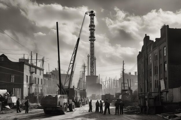 Un quartier industriel animé avec des cheminées, des machines et des travailleurs génératifs.