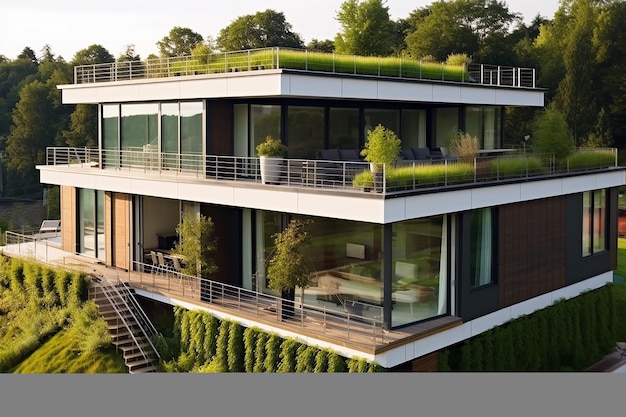 quartier de maison moderne avec toit vert et grand design de balcon