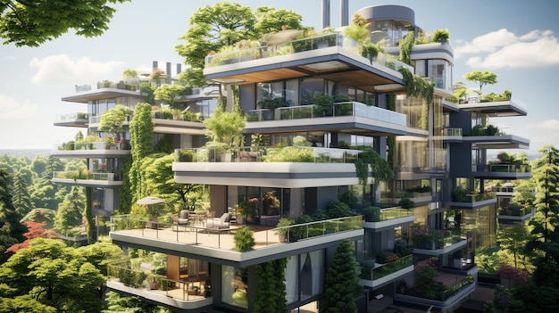 quartier résidentiel moderne avec toit vert et balcon