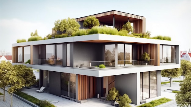 quartier résidentiel moderne avec toit vert et balcon