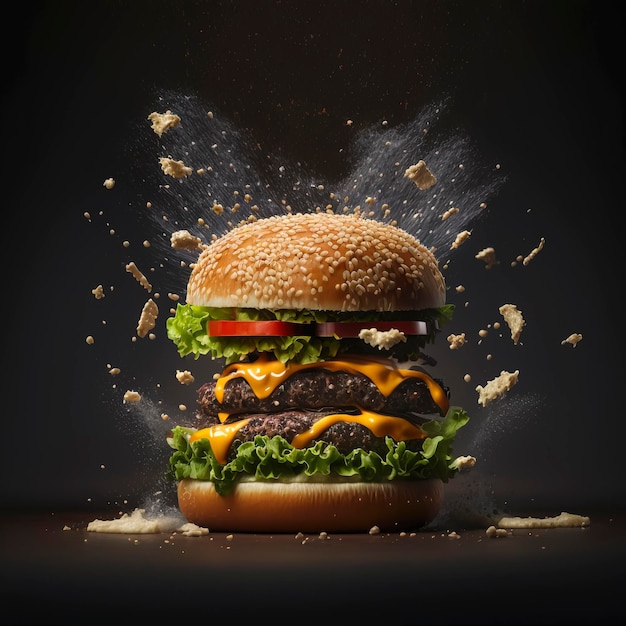 quartiers de hamburgers volants avec condiments séparés, explosion de saveurs et de couleurs créées avec la technologie Generative AI