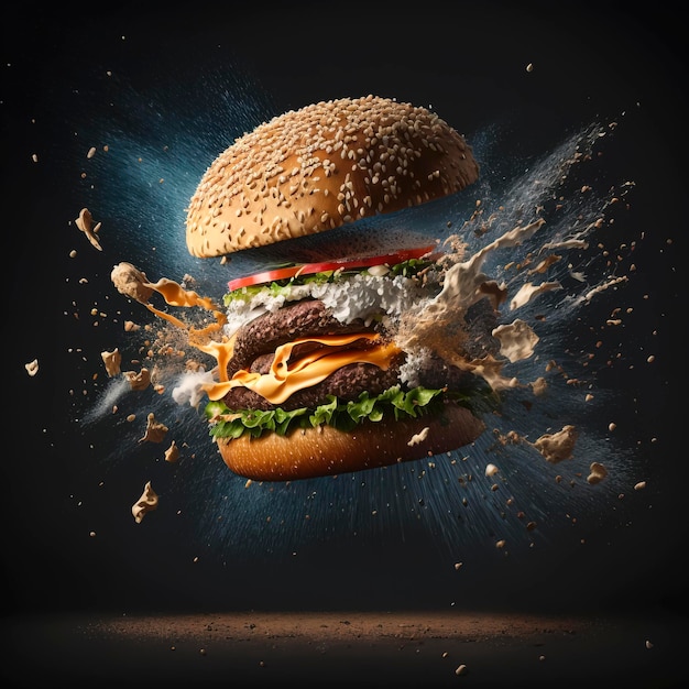 quartiers de hamburgers volants avec condiments séparés, explosion de saveurs et de couleurs créées avec la technologie Generative AI