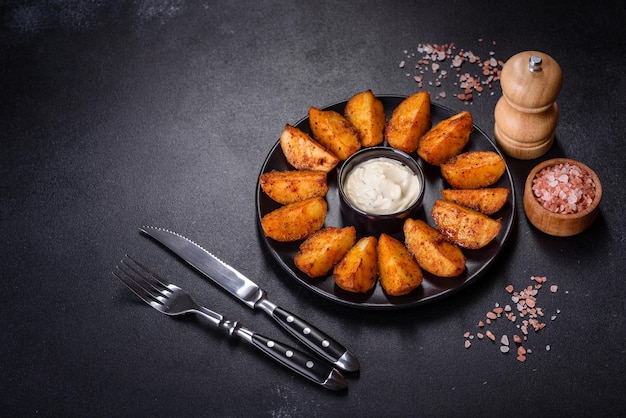 Quartiers de pommes de terre au four avec fromage et herbes et sauce tomate sur fond sombre