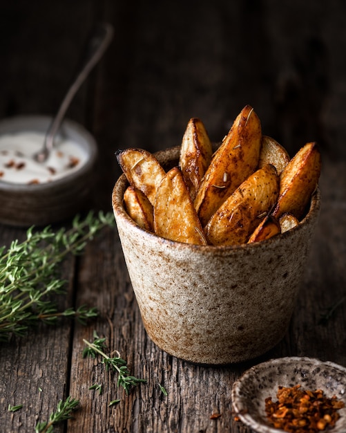 Quartiers de pommes de terre au four avec sauce et thym dans une tasse en céramique sur un fond rustique en bois