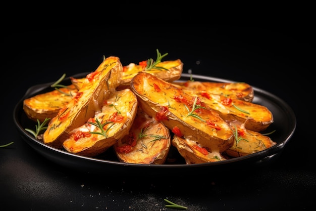 Quartiers de pommes de terre végétaliens biologiques avec herbes au fromage et sauce tomate sur fond noir vegetari maison