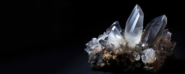 Le quartz est une pierre géologique naturelle précieuse rare éremite sur fond noir en basse tonalité à la mode