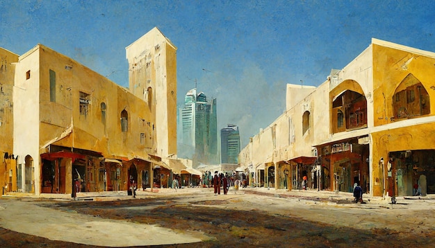 Quatar city street Quatar peinture illustration