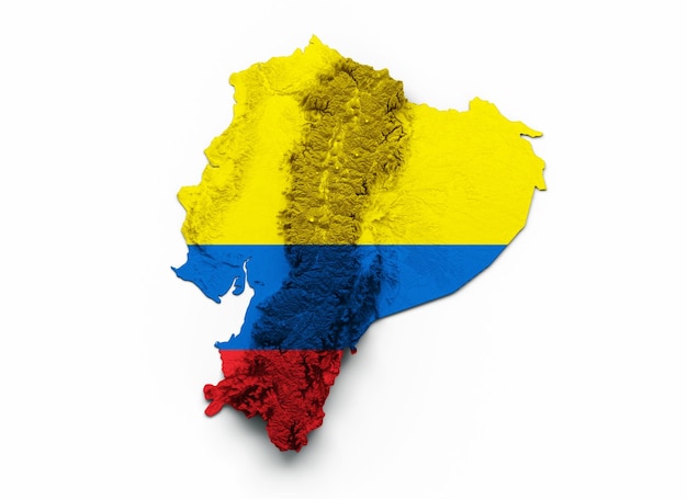 Équateur carte drapeau relief ombré carte de hauteur de couleur sur fond blanc illustration 3d