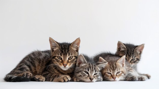 Photo quatre adorables chatons rayés se câlinent ensemble sur un fond blanc