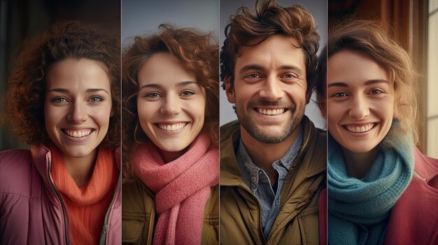 Quatre amis heureux, un homme et une femme d'une trentaine d'années, posent une photo.