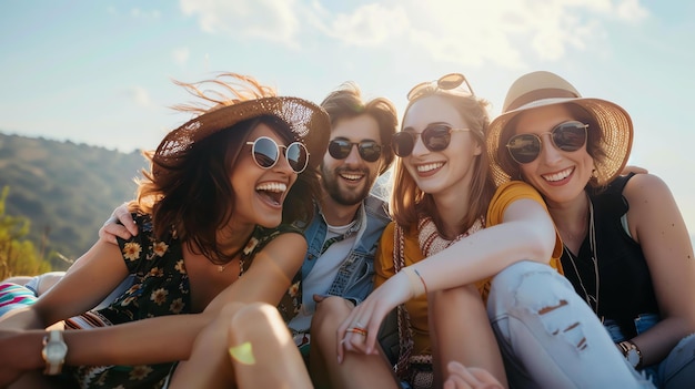 Quatre amis joyeux assis sur l'herbe appréciant le soleil et la compagnie de l'autre ils portent tous des lunettes de soleil et sourient