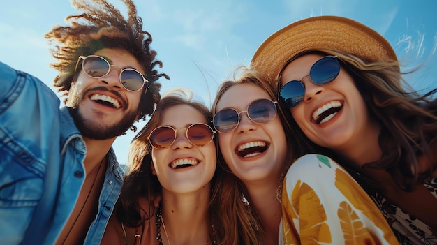 Quatre amis joyeux par une journée ensoleillée ils sont tous souriants les deux femmes portent des lunettes de soleil et les deux hommes ne le sont pas