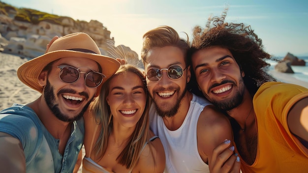 Quatre amis joyeux sur une plage prenant un selfie ensemble par une journée ensoleillée