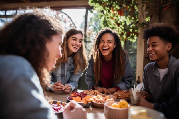 Photo quatre amis multiraciaux rient et mangent ensemble à une table.